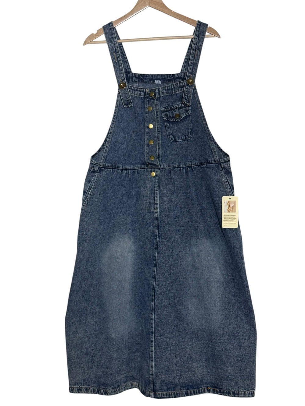 Ebossy NWT Denim Overall Midi Dress Size L/XL Snap Pockets A-Line Casual Retro